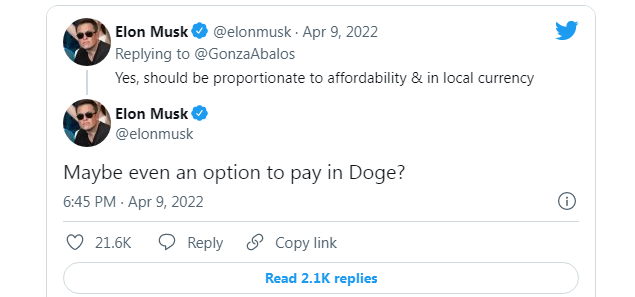 Elon Musk- ايلون ماسك يريد من المستخدمين الدفع باستخدام Dogecoin مقابل Twitter Blue