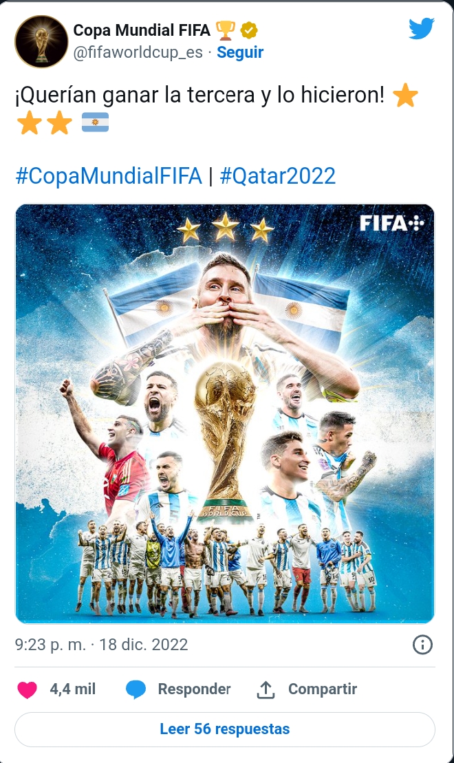 الأرجنتين للمرة الثالثة بتاريخها بطلة كأس العالم قطر 2022، بعد فوزها على فرنسا اليوم 18 ديسمبر 2022.