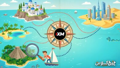 مراجعة XM: خريطة لأربع جزر ترمز لتراخيص XM ومسافر يفحص إحداها بعدسة مكبرة