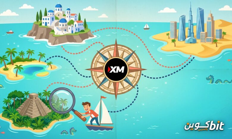 مراجعة XM: خريطة لأربع جزر ترمز لتراخيص XM ومسافر يفحص إحداها بعدسة مكبرة