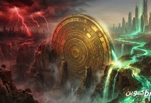 عملة بيتكوين ذهبية ضخمة كالسد في وادٍ، مع برق أحمر من جهة وأنهار خضراء متدفقة من جهة أخرى