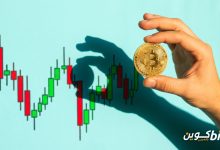 شراء البيتكوين أم عقود الفروقات: يد تمسك عملة بيتكوين ذهبية أمام رسم بياني بالشموع