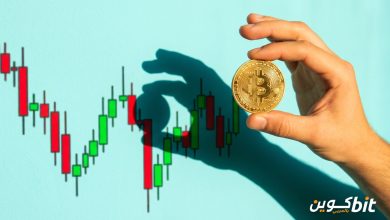 شراء البيتكوين أم عقود الفروقات: يد تمسك عملة بيتكوين ذهبية أمام رسم بياني بالشموع