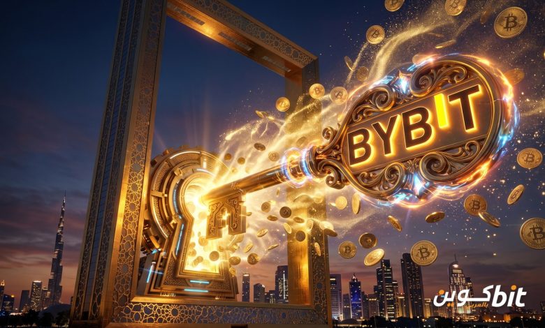 مفتاح ذهبي يحمل شعار Bybit يفتح قفلًا في إطار دبي، مع عملات بيتكوين ذهبية تتطاير وأفق دبي ليلًا