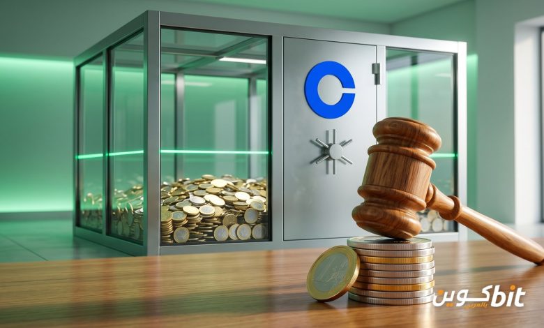 غرامة Coinbase: خزنة زجاجية تحمل شعار Coinbase ممتلئة جزئيًا بالعملات ومطرقة قاضٍ فوق عملات يورو