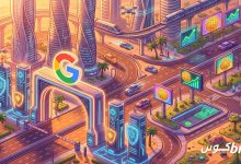 إعلانات العملات المشفرة في الإمارات: بوابة يعلوها شعار Google في شارع مستقبلي بدبي تحرسها أبراج على شكل دروع