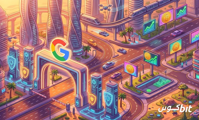إعلانات العملات المشفرة في الإمارات: بوابة يعلوها شعار Google في شارع مستقبلي بدبي تحرسها أبراج على شكل دروع