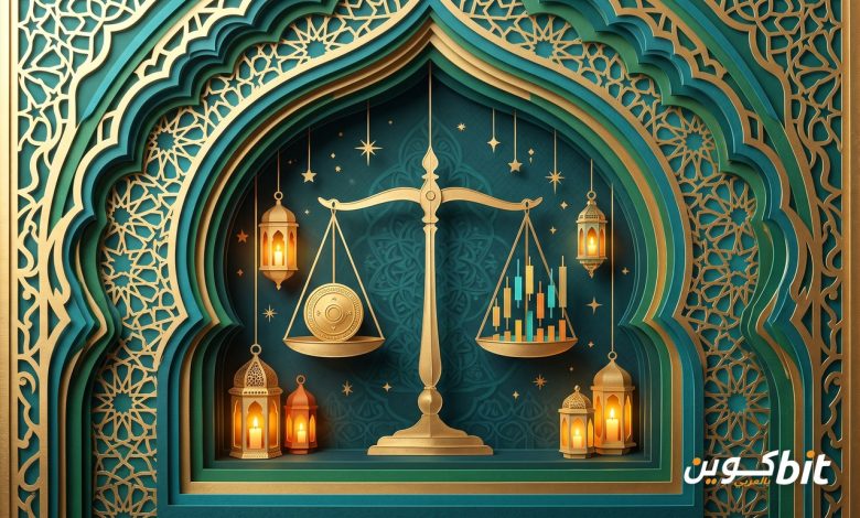 هل التداول حلال أم حرام: فن ورقي بزخارف إسلامية حول ميزان ذهبي متوازن