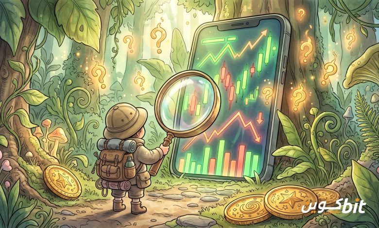 رسم قصصي لمستكشف صغير يفحص بعدسة مكبرة هاتفًا عملاقًا يعرض تطبيق تداول، مع علامات استفهام مضيئة